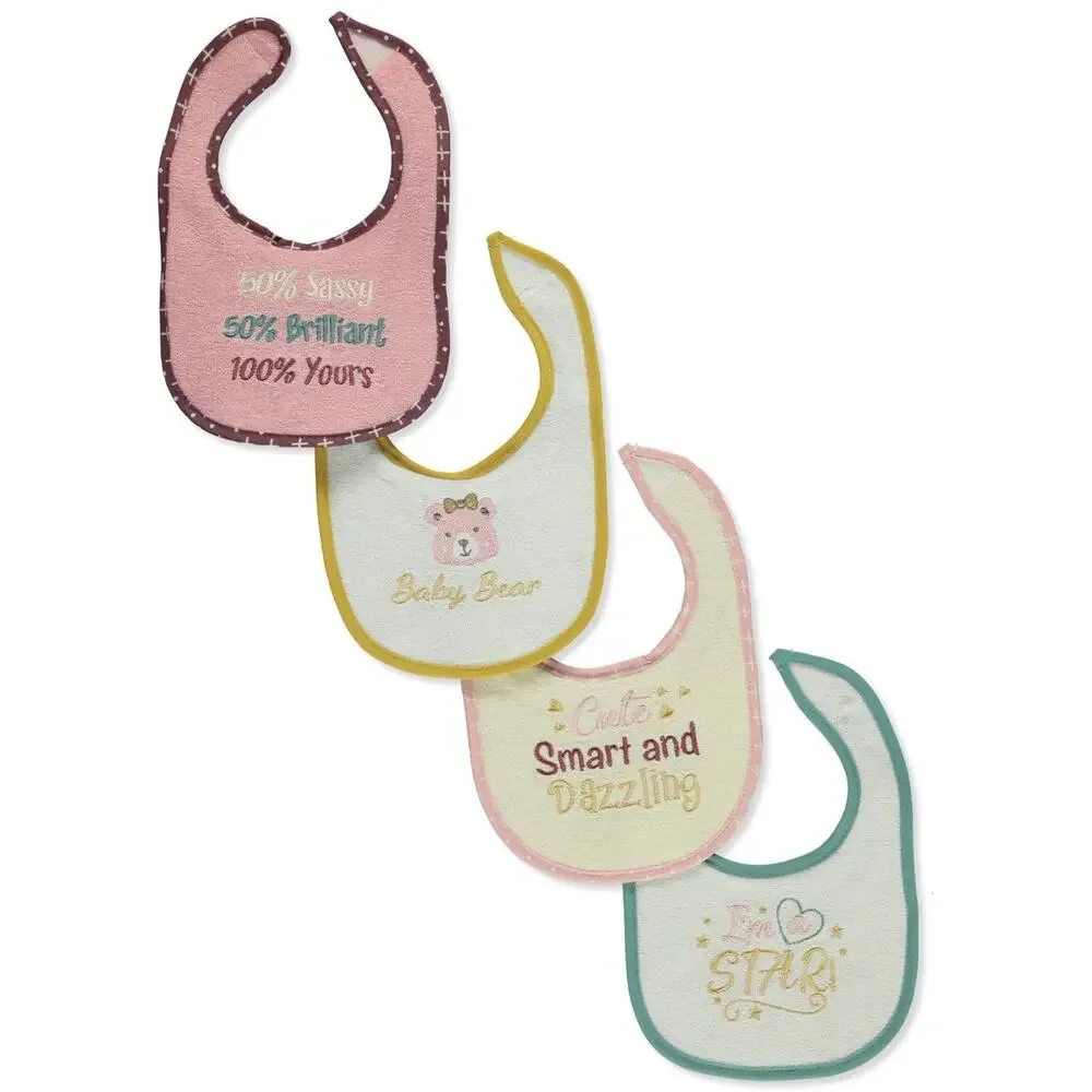 Petite L'Amour Baby Girls' 4-Pack Baby‎ Bibs One Size Pink Cute Sassy Star Bear